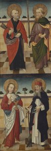 In alto: San Pietro con una chiave e San Paolo con una spada; In basso: San Giovanni Evangelista con un calice contenente un serpente e Sant